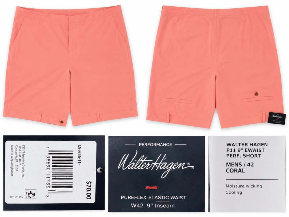 Walter Hagen P11 Performance Elastic Waist Golf Shorts Mens 42 Coral 9” inseam